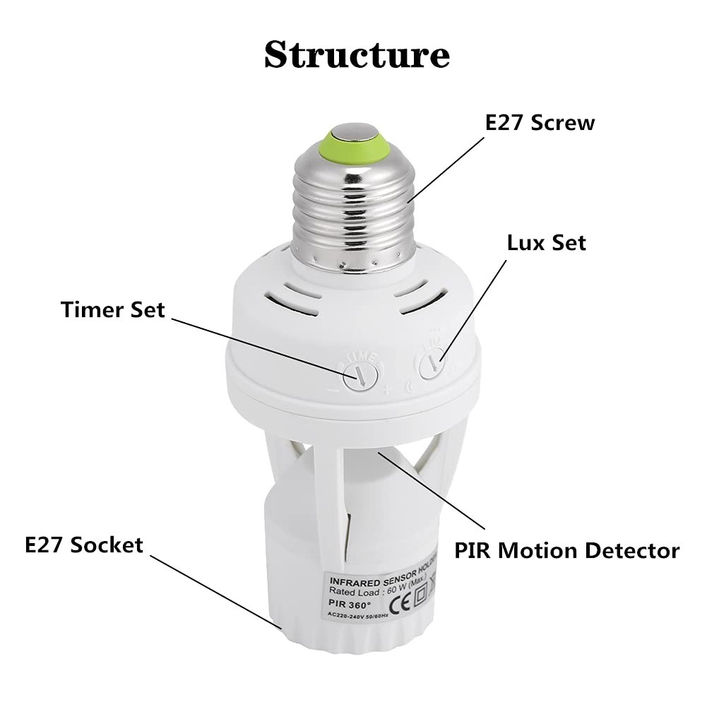 PIR Motion Sensor Light Socket E27 Bulb Holder, 360° Detection for Home Use