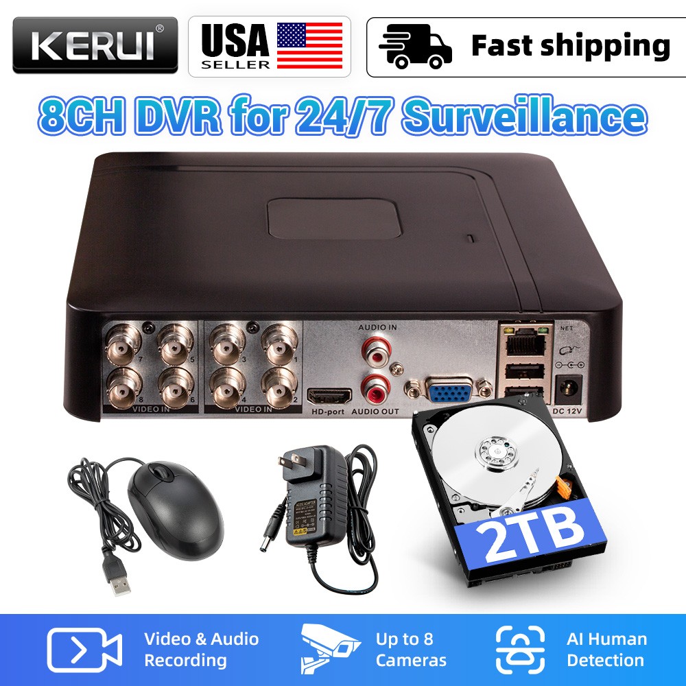 5 IN 1 8CH DVR H.265+ 1080P Video Recorder Preinstalled 2TB HDD for CCTV Cameras