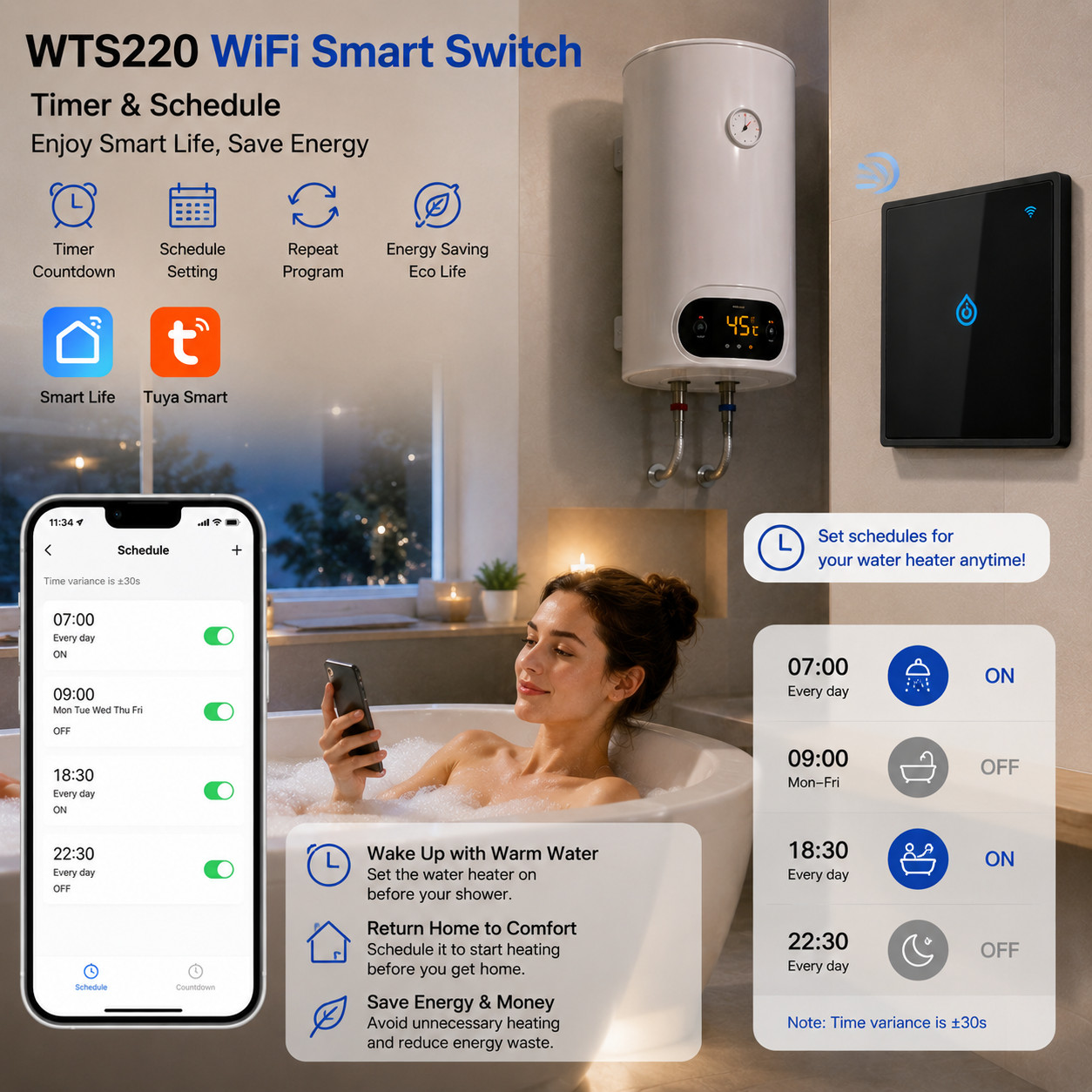 Tuya Smart Boiler Switch Water Heater Homekit Wifi 40A APP Alexa Home Voice Cont