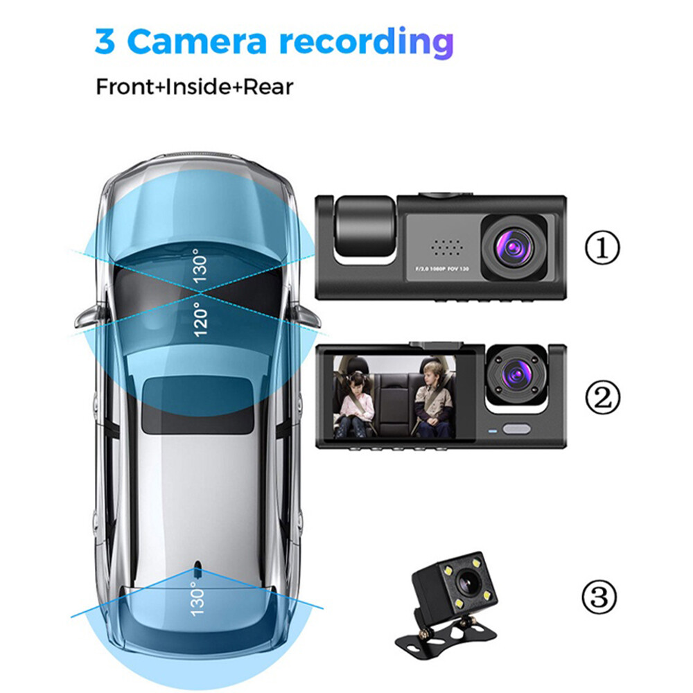 FHD 1080P Car 3 Lens Dash Cam Front/Rear/Inside Video Recorder Camera G-sensor