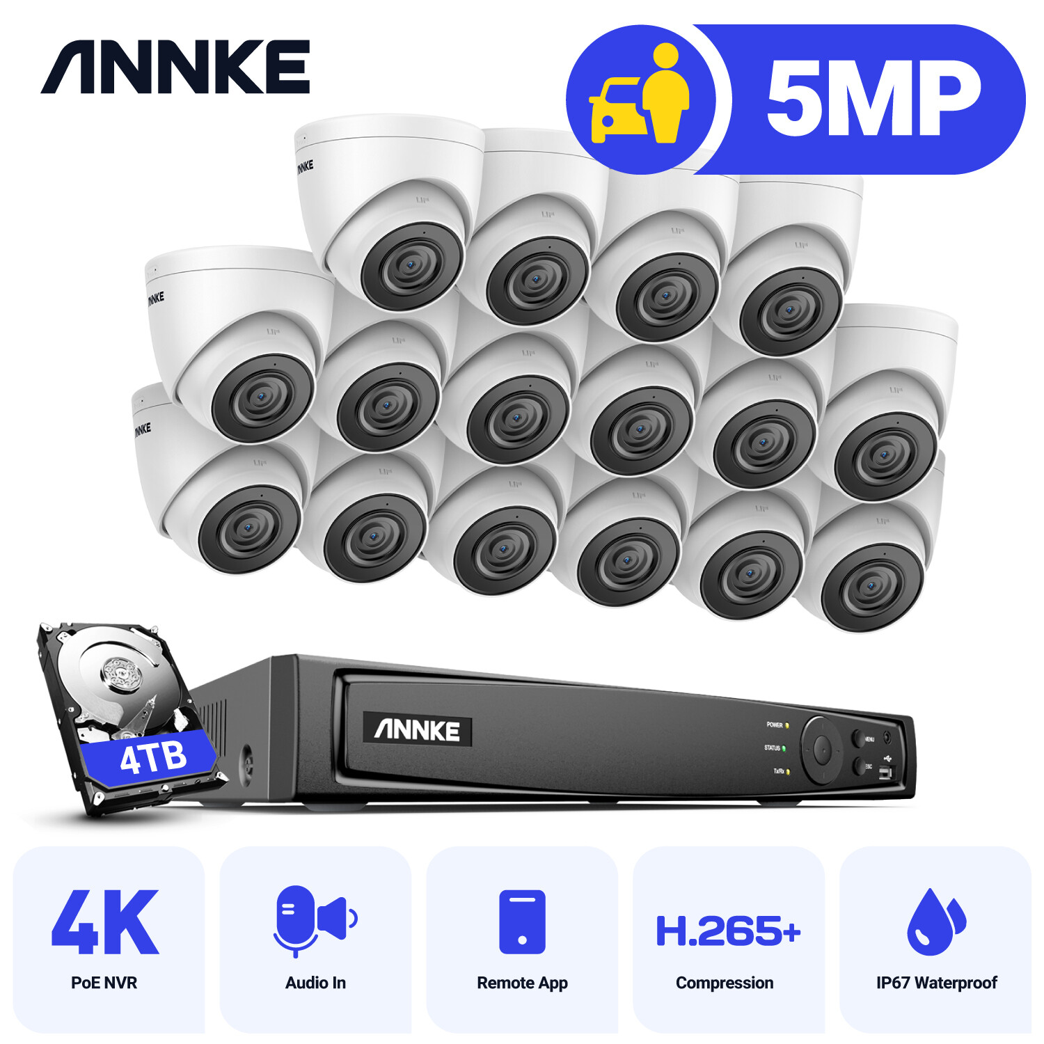 ANNKE 16CH 4K NVR 5MP Audio POE Security Camera System AI Human Detection H.265+