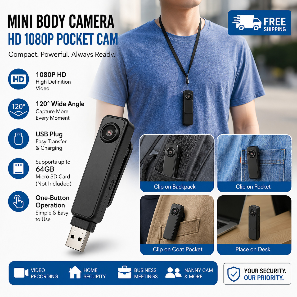 1080P Mini Body Cam Portable Wearable Clip Pocket Cam Video Recorder DVR USB PK2