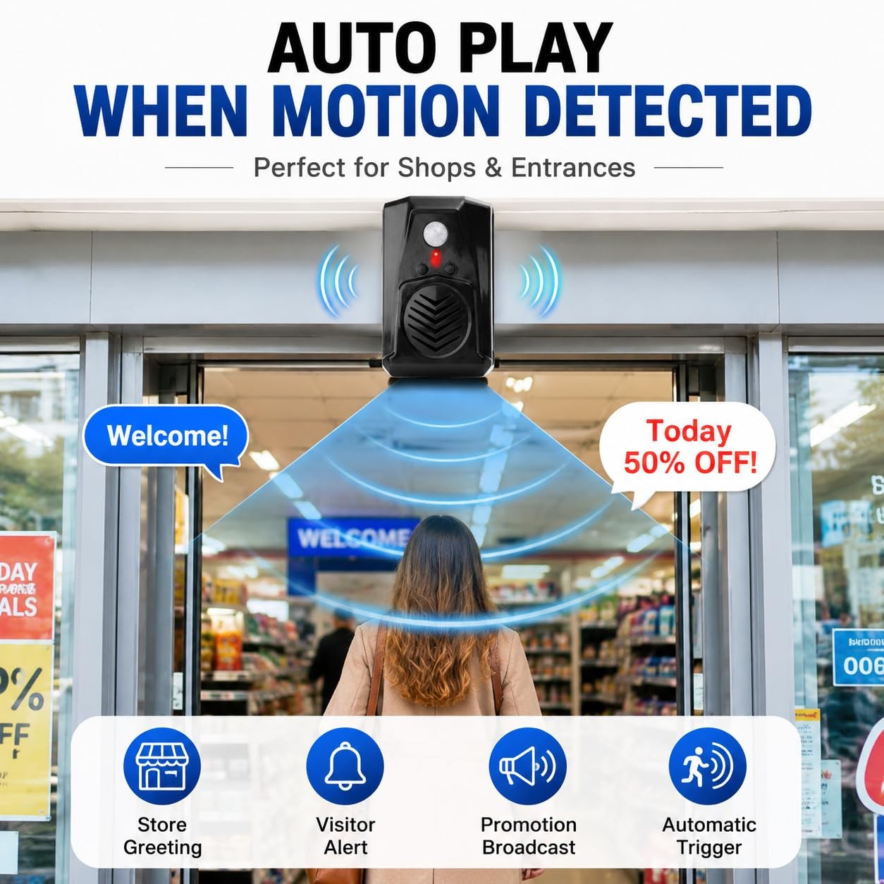 Motion Sensor Sound Player 80db 13ft/120° Detection Custom Voice USB Battery
