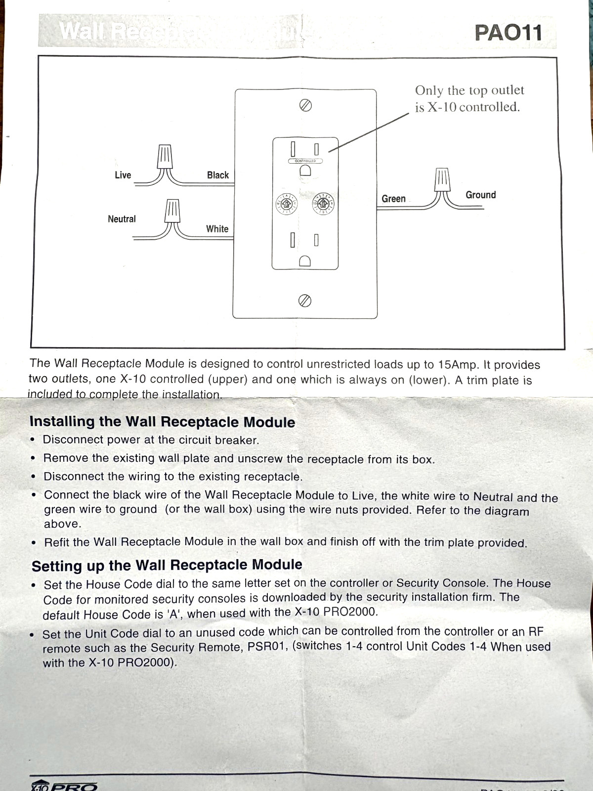 X-10 Pro PA011 Wall Receptacle Module – 120 Volt & 15 Amps.