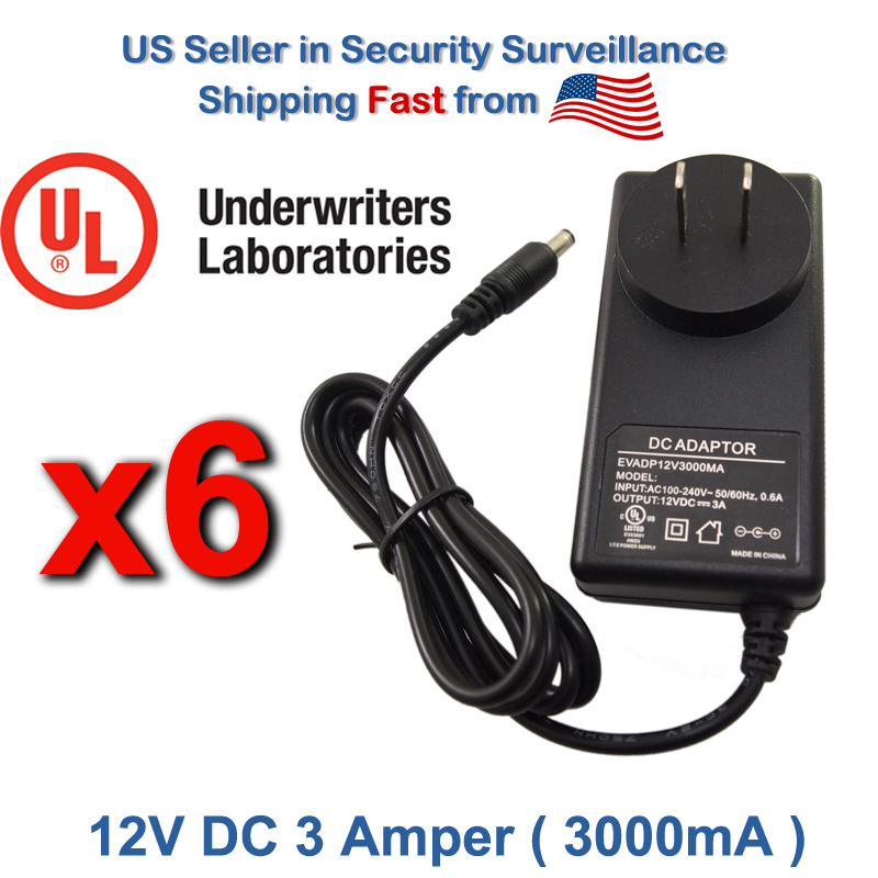 6 Pcs AC to DC 12V 3 Amper 3000mA Power Supply Adapter for CCTV Security Camera