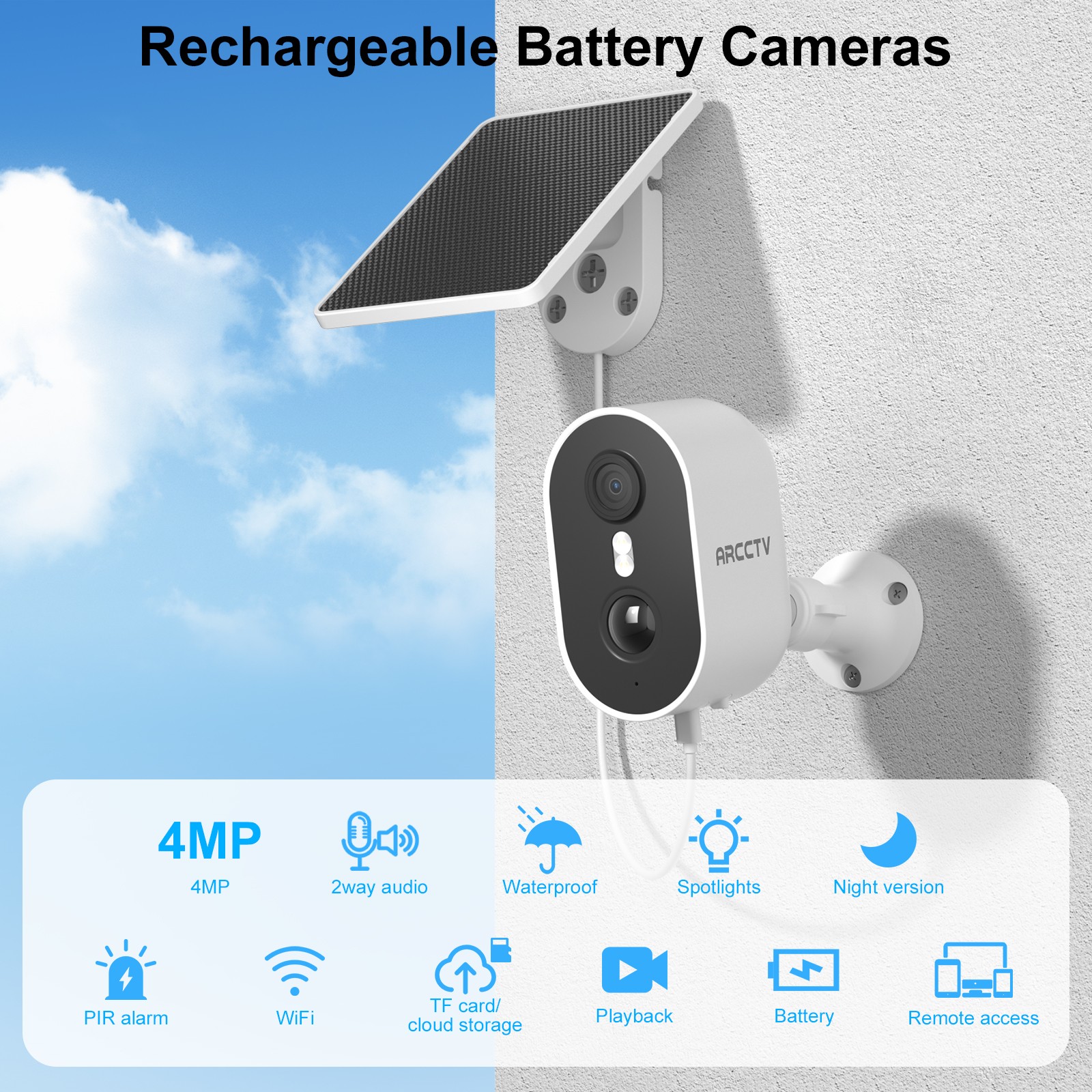 ARCCTV 4MP Solar Battery Powered WiFi Security Camera Home Outdoor Wireless CCTV