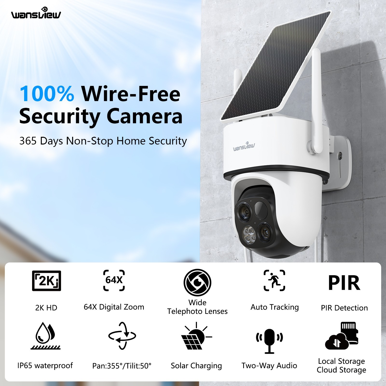 Wansview 2K 3MP Dual-Cam Solar Wireless Security Camera 360°PTZ Human Detection