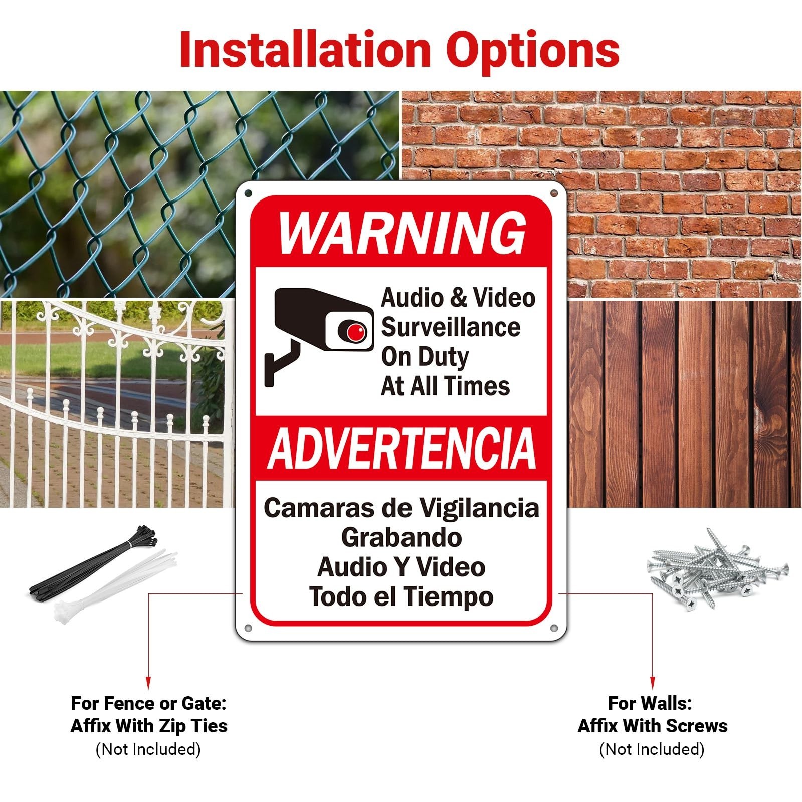 4 Pack Video Surveillance Signs 10×7 inches Bilingual English Spanish Waterproof