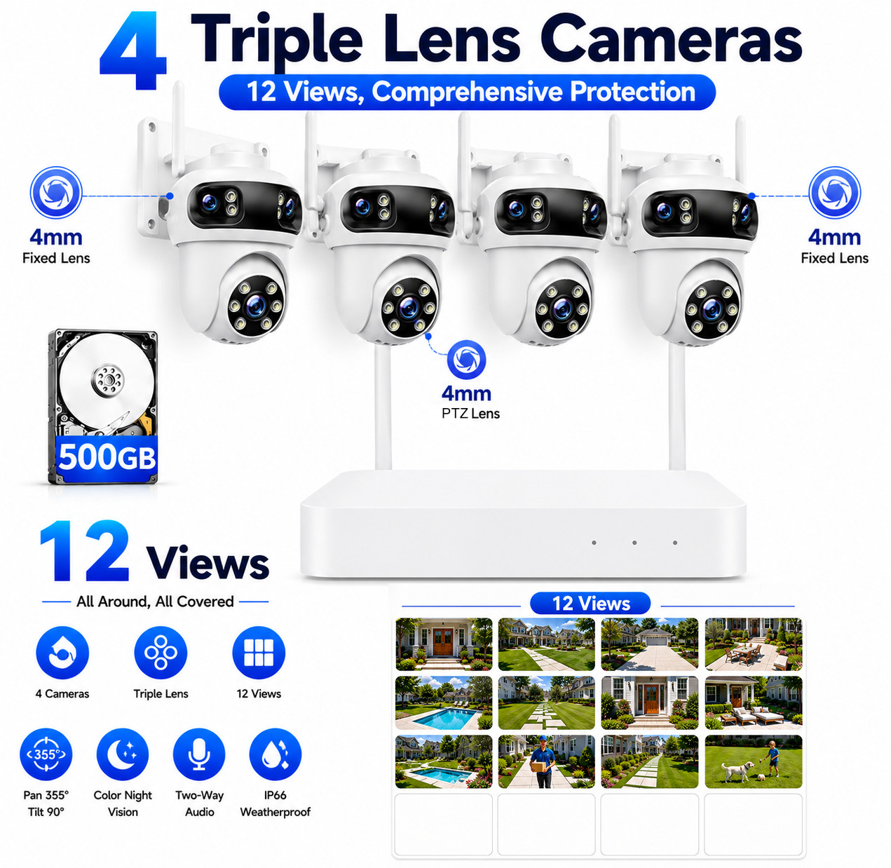 CAMCAMP Outdoor Wireless Security Camera System 6MP 10CH 4K NVR HDD 3-Lens Cam