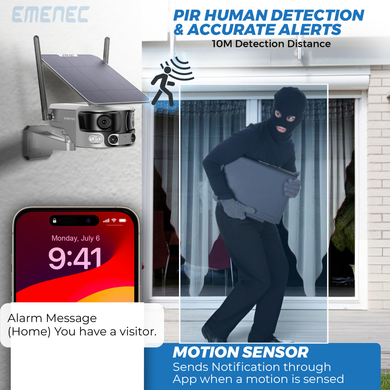 Solar Security Camera Outdoor WiFi Dual Lens 180° 4K IP65 – EMENEC ESK-180