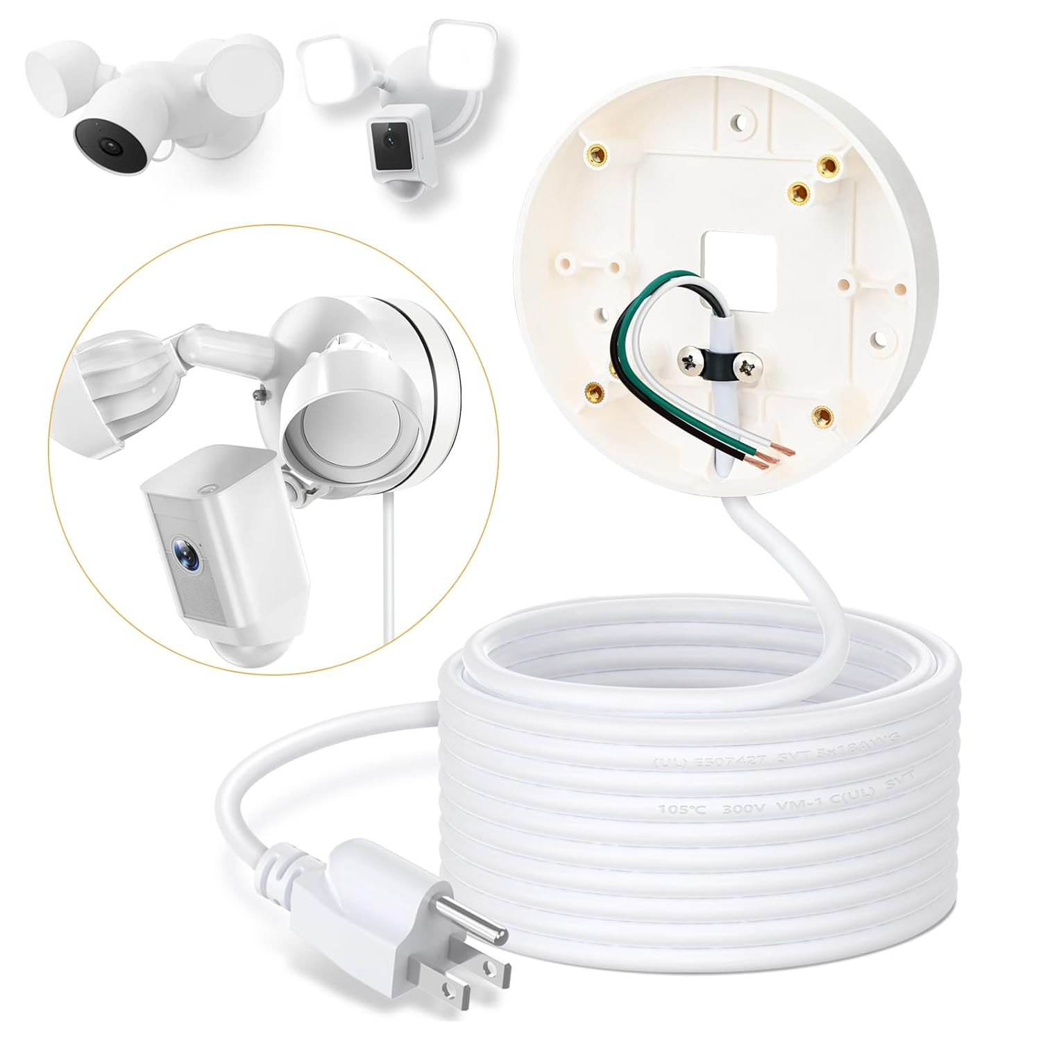 30Ft/9M Power Cable with Adapter and Plug-In Mount Compatible with Blink Floodli