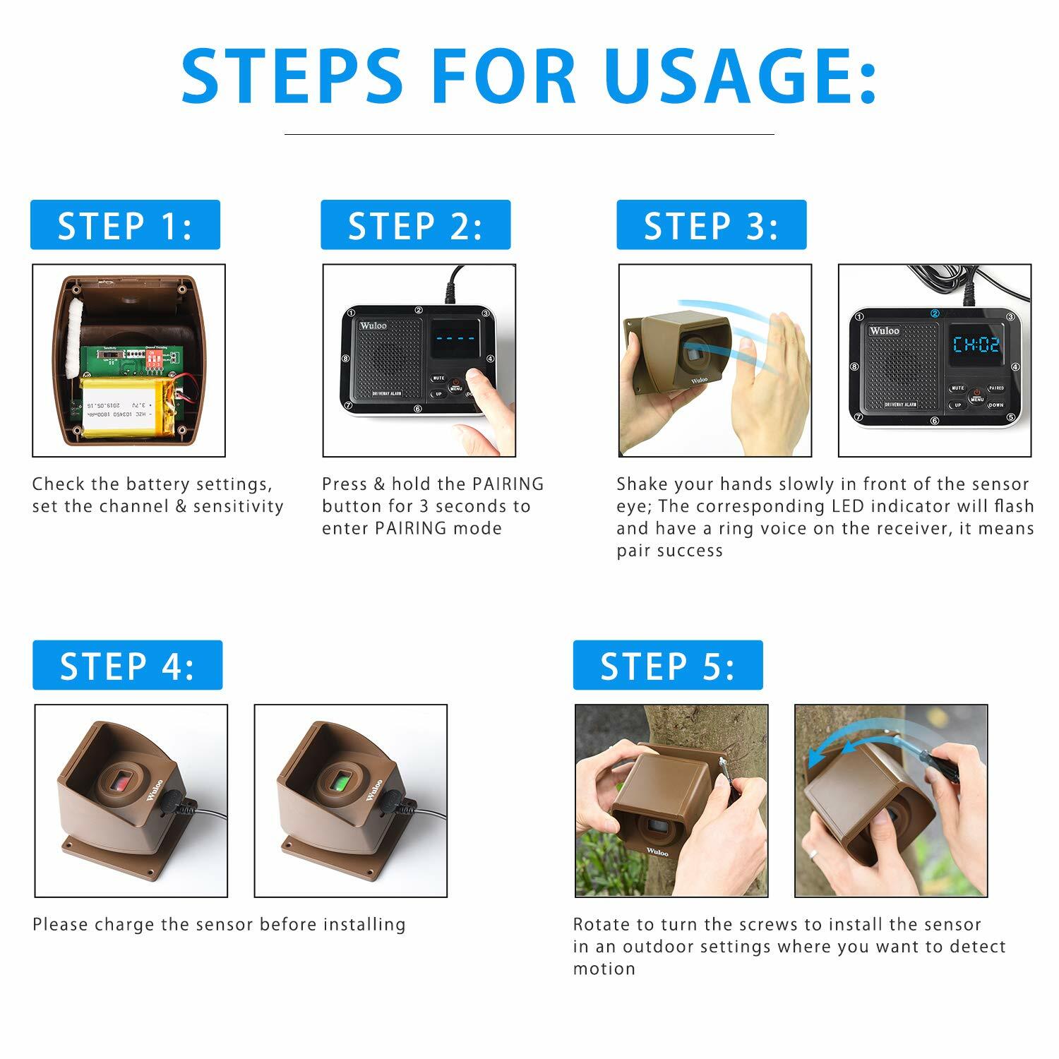 Wuloo Home Yard Gate Driveway Alert Wireless Outdoor Motion Sensors Alarm System