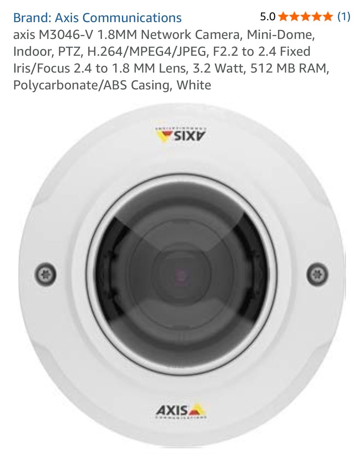 axis M3046-V 1.8MM Network Camera, Mini-Dome, Indoor, PTZ, H.264/MPEG4/JPEG, F2.