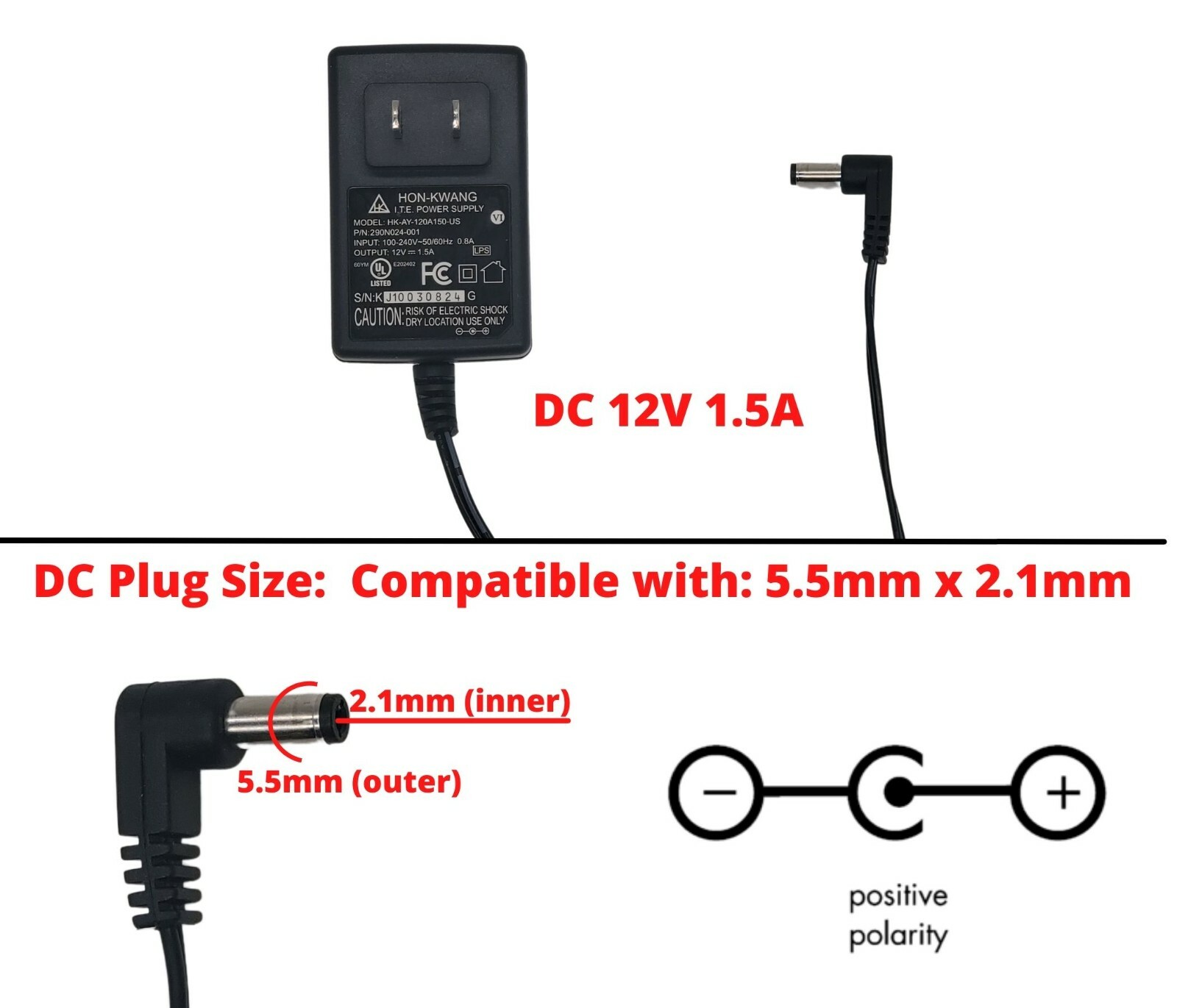 2PK DC 12V 1.5 Amp Power Supply Adapter 1500mA Wall Charger for 12V Electronics