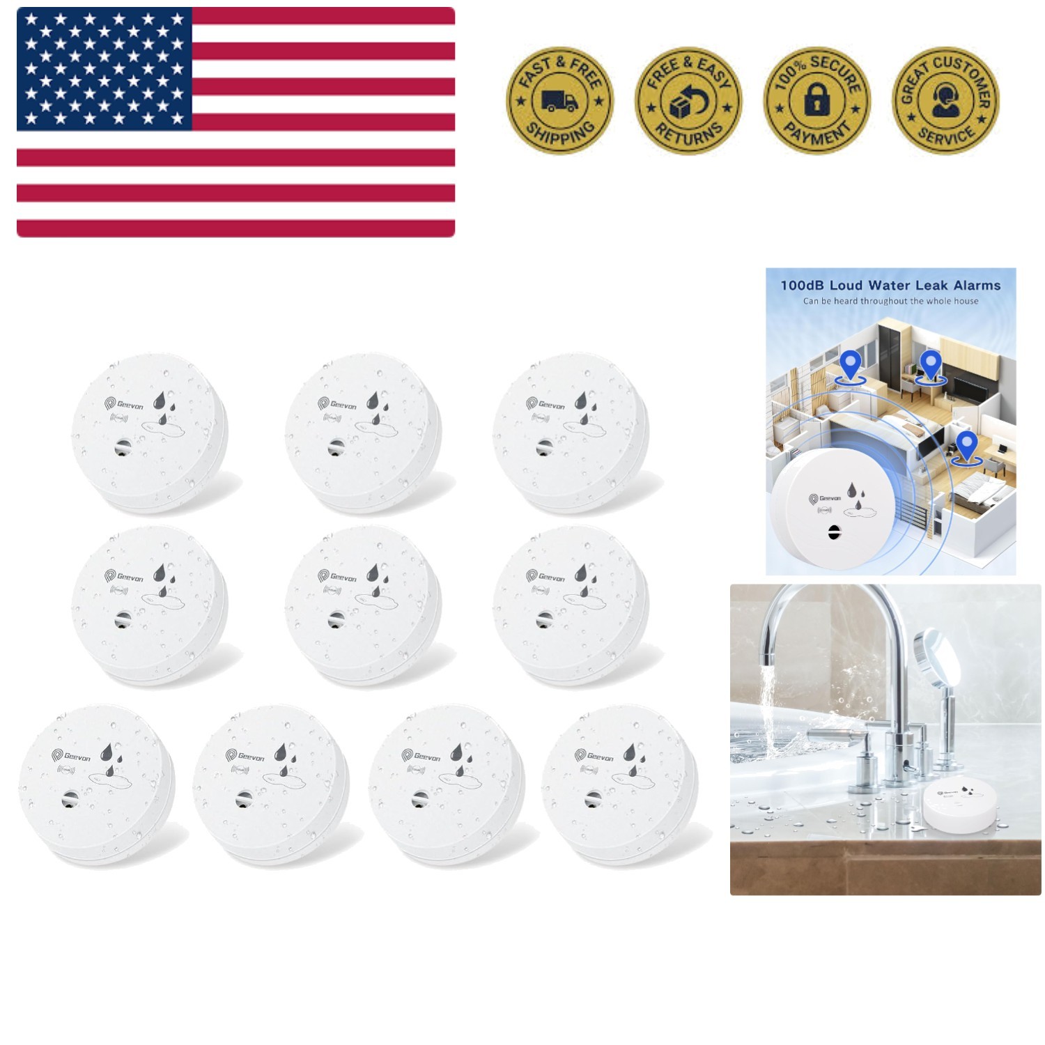 2 Pack Water Leak Detectors, 100dB Water Sensor Alarms Flood Detector for Bas…