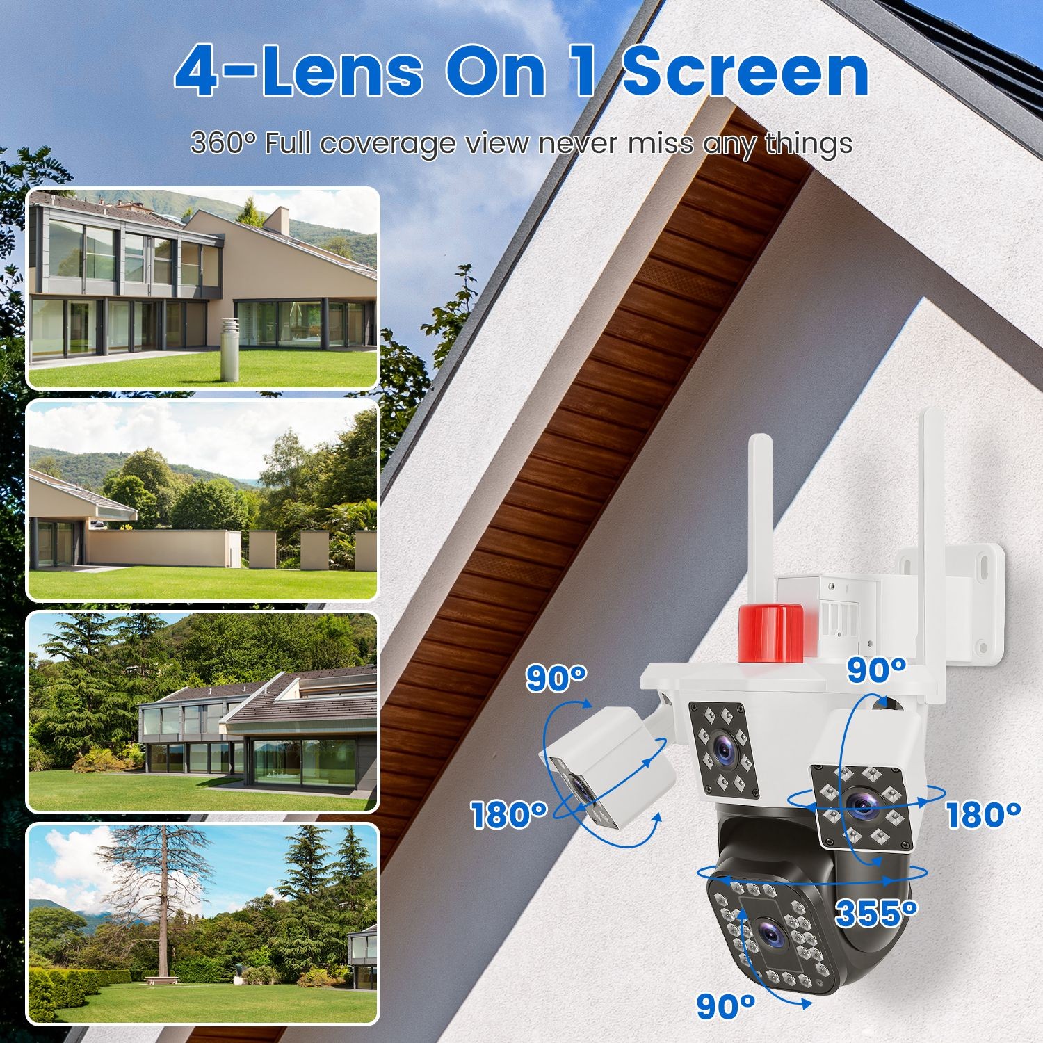 4-Lens Security Camera 360° View WiFi Pan&Tilt Color Night Vision Remote