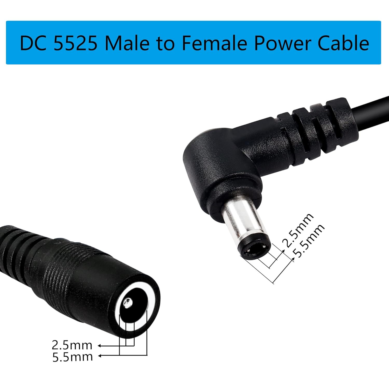 GINTOOYUN 2 Pack DC5525 Power Extension Cable, DC 5.5Mm X 2.5Mm Right Angle Male