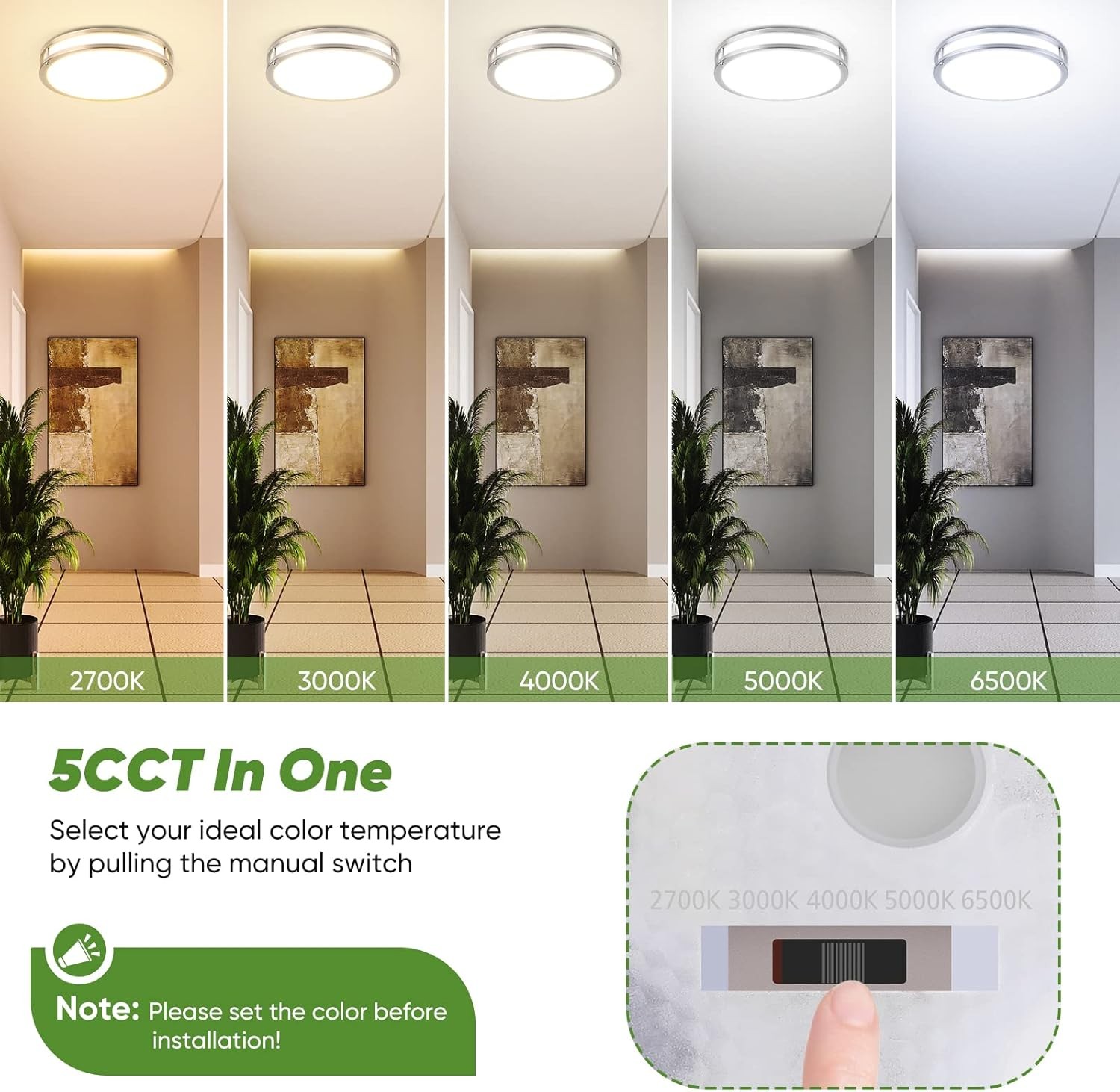 36W LED Ceiling Lights for Bedroom Kitchen, 13 inch, Brushed Nickle-5CCT-2