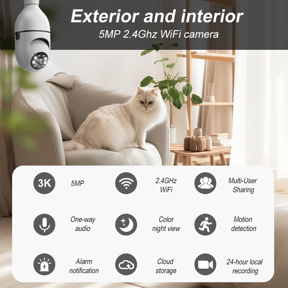 4PCS 5MP Wifi Bulb Camera 360° Color Night Vision Audio Home Security