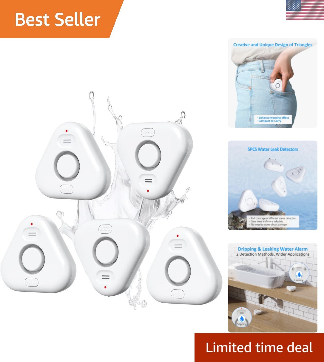 5 Pack Water Leak Detectors for Home, 4 Levels Adjustable Audio 0-120dB Water…