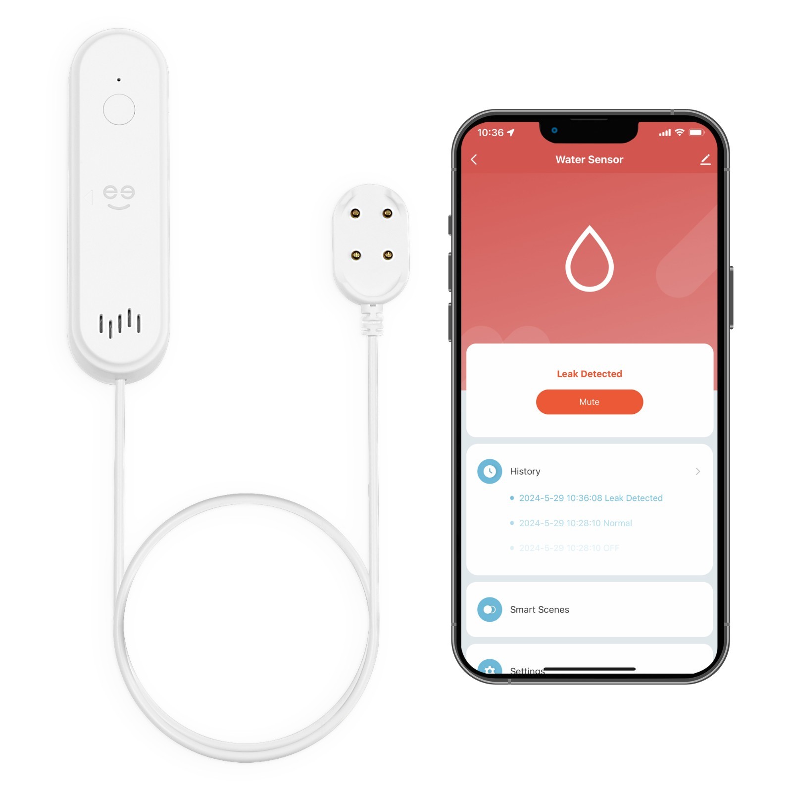 Geeni Smart Water Alarm Leak Detector with Siren – 80dB Alarm with App Alerts