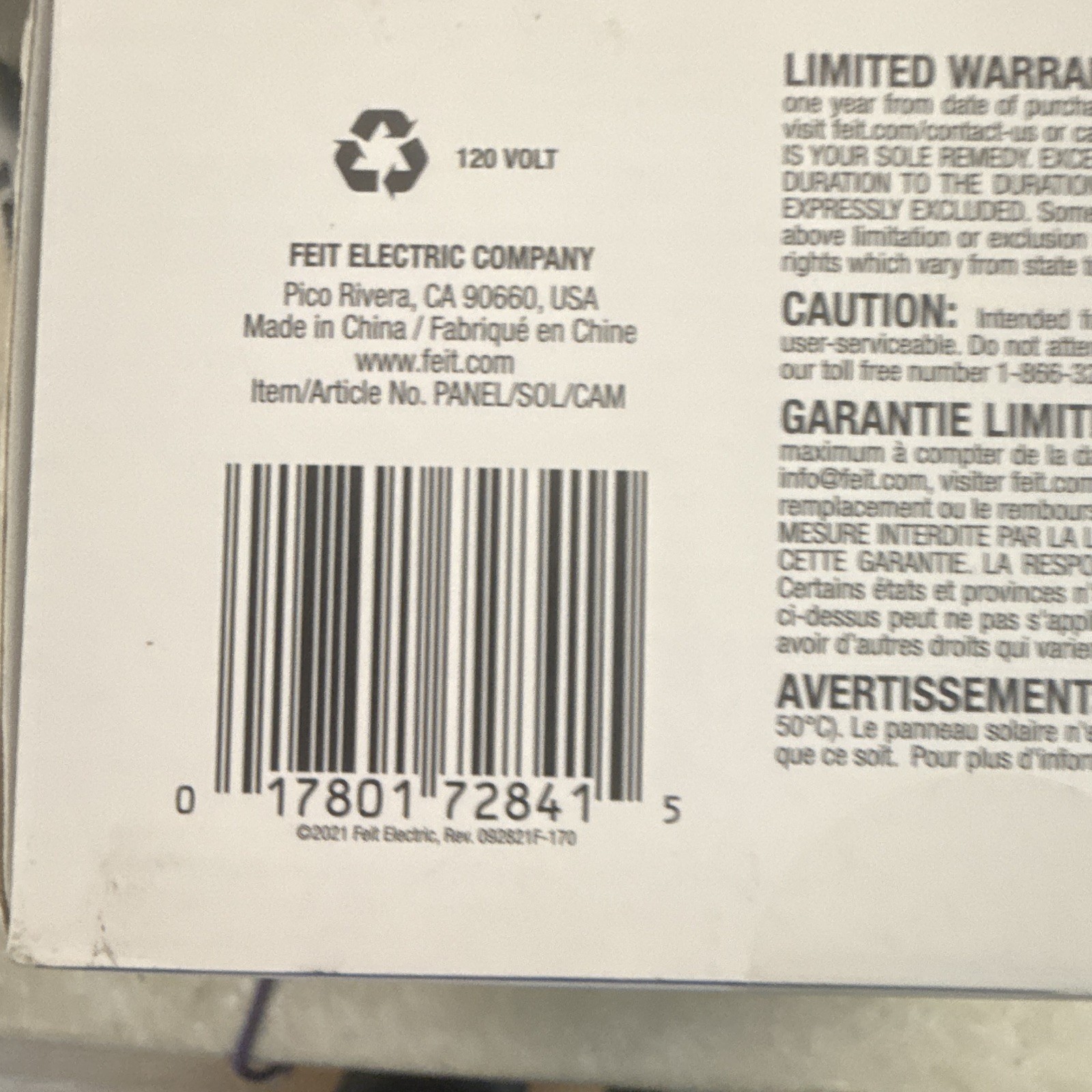 Feit Electric Camera Solar Panel Charger Micro USB 5V 3W Water Resistant