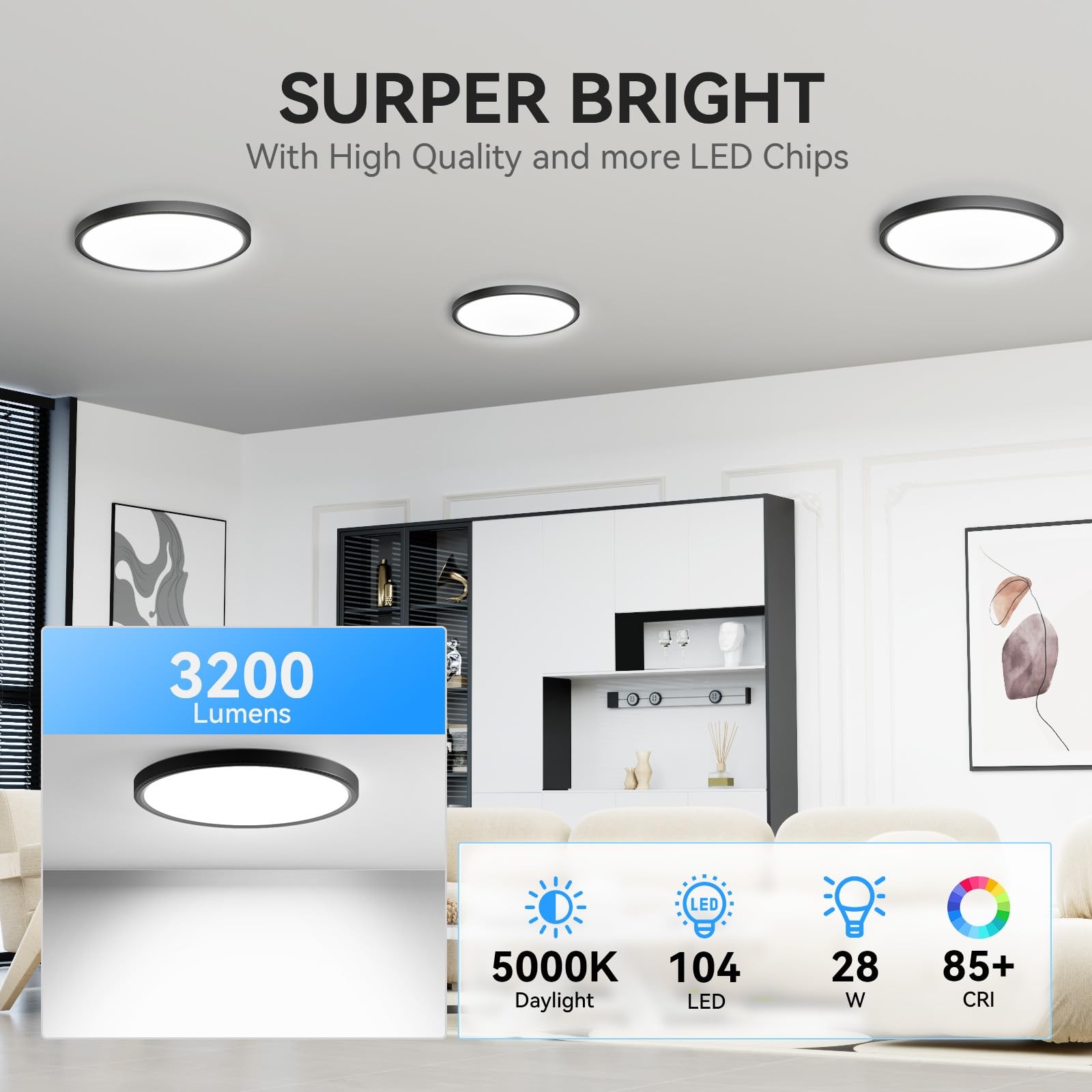 WKONCLDY 6Pack 3200lm LED Flush Mount Ceiling Light, Super 12in-6Pack, Black