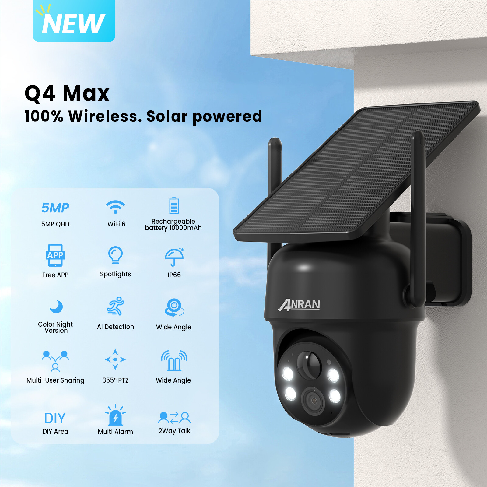 ANRAN Security Camera Wireless Solar Battery Powered Outdoor 5MP Home WiFi Audio