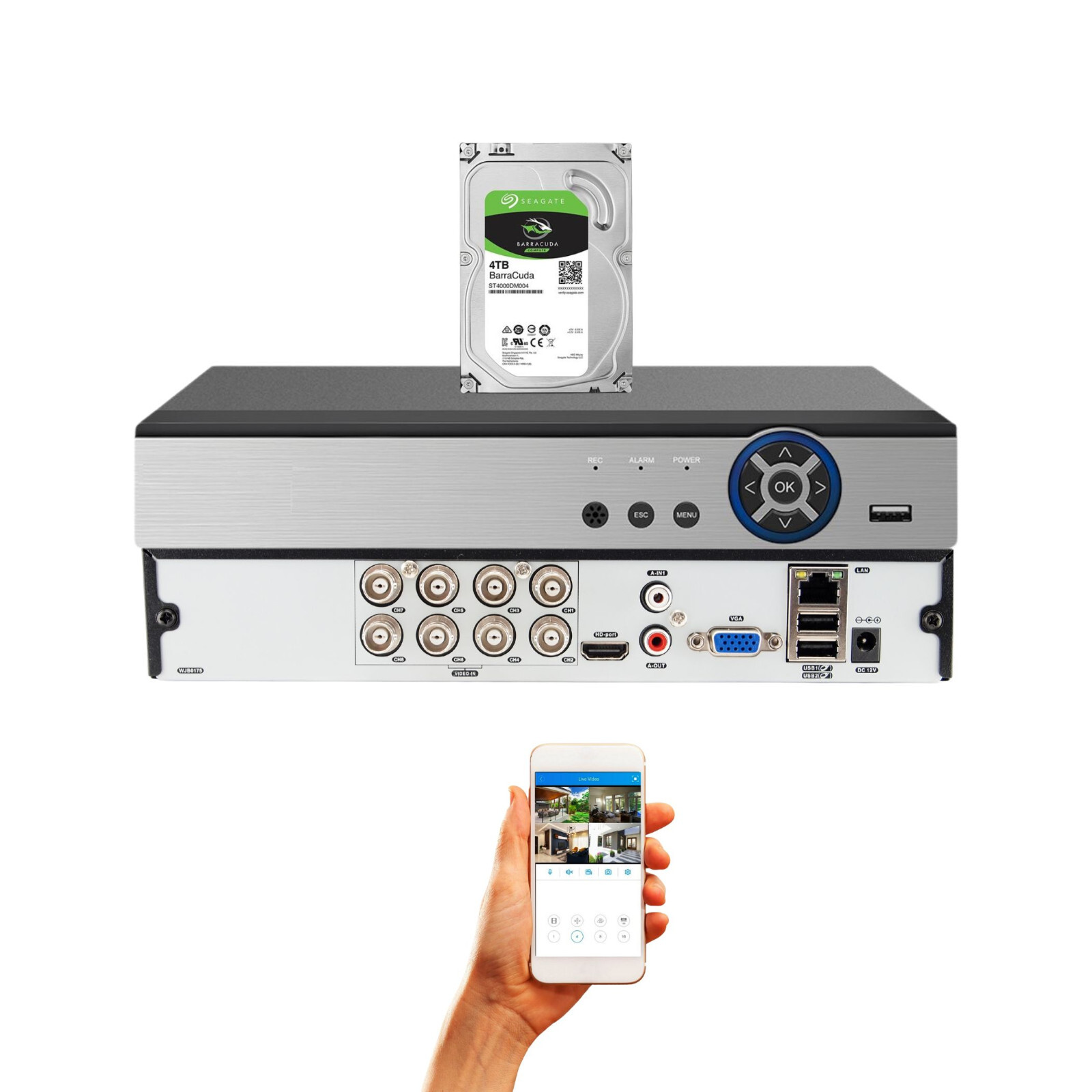 8 Channel H.265 Surveillance Recorder 4TB Hard Drive for Security Camera System