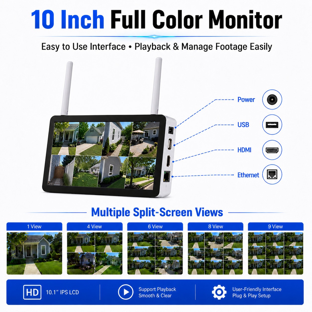 360° PTZ Security Camera System 10” Monitor Outdoor Wireless Audio 10CH 500GB