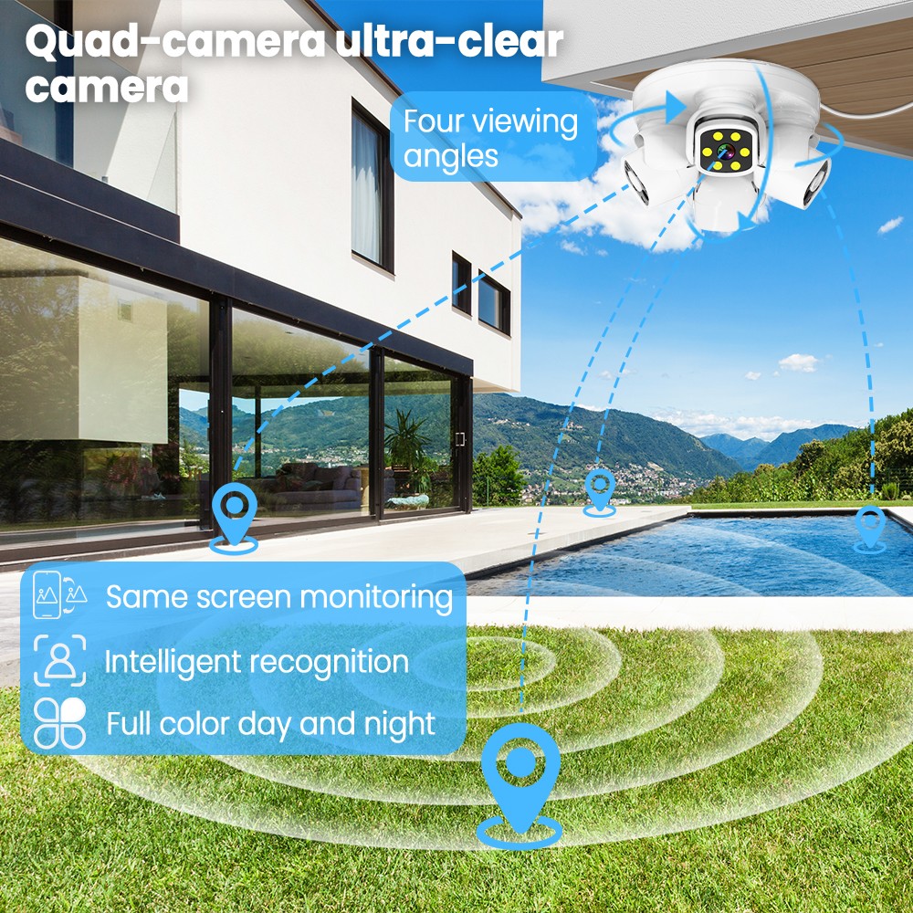 Four Lens HD WiFi Security IP Camera Outdoor PTZ Video Cam Night Vision 10X Zoom