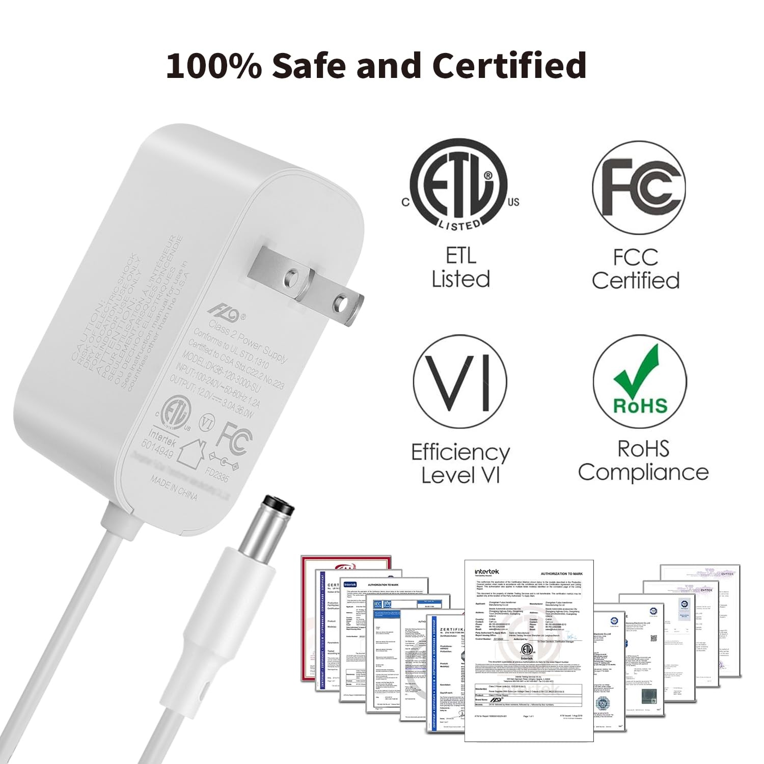 36W 12V 3A/3000mA Power Supply Adapter 6FT 5.5×2.1mm DC Plug White Cord