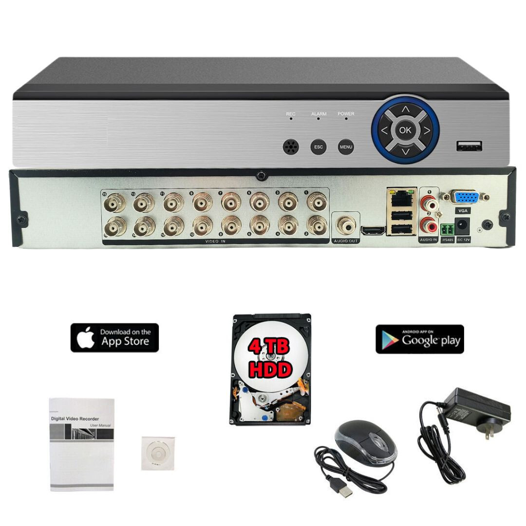 16 Channel H.265 Security DVR with 4TB Hard Drive for AHD TVI CVI Analog Cameras