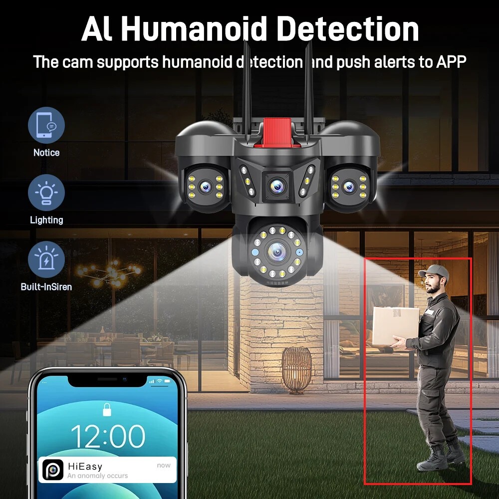 5MP WiFi Camera UHD IPC Outdoor 4 Lens Four Screens PTZ Camera Security Cam CCTV