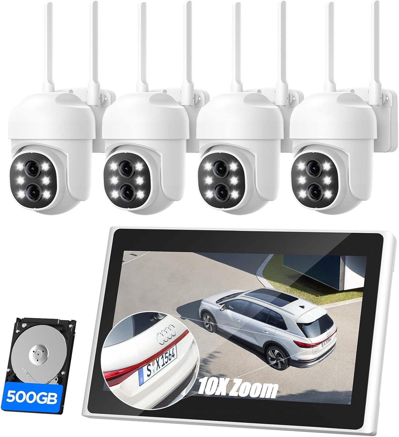 Wireless Security Camera System 10″ LCD Monitor WiFi NVR with 500GB HDD, 4xCams