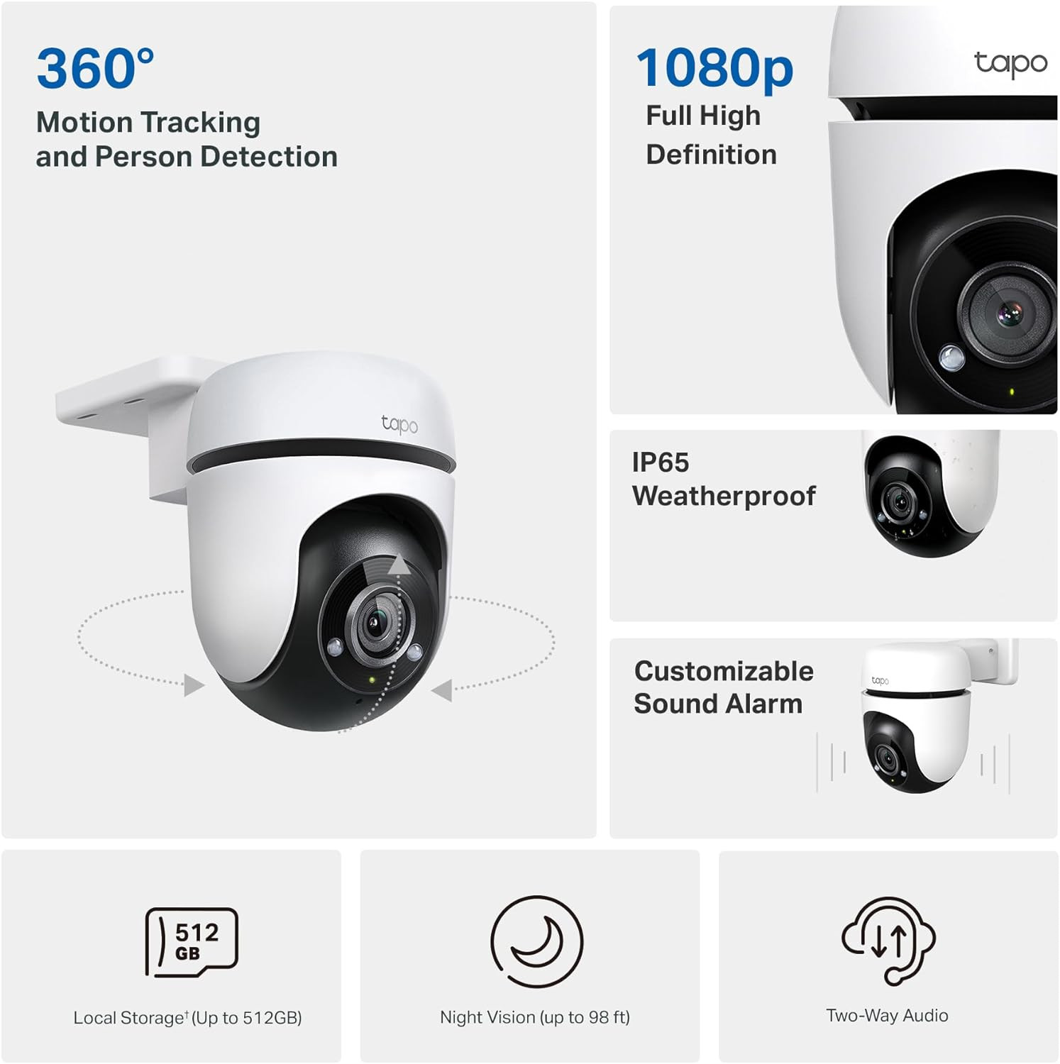 Tapo 1080P Outdoor Wired Pan/Tilt Security Wi-Fi Camera, 360° View, Motion Track
