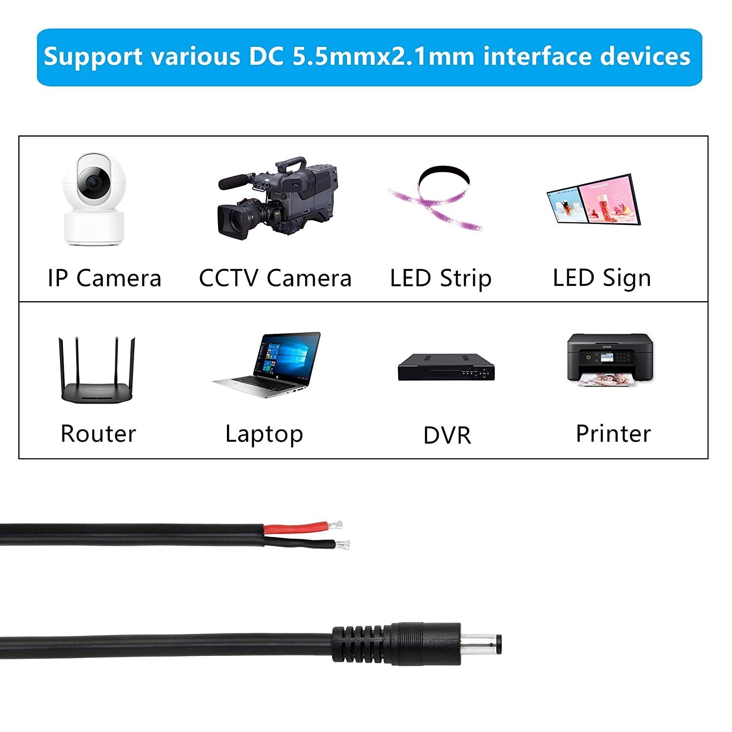 DC Power Pigtails Cable,3FT DC 5.5MM x 2.1MM Male Plug to Bare Wire Open End