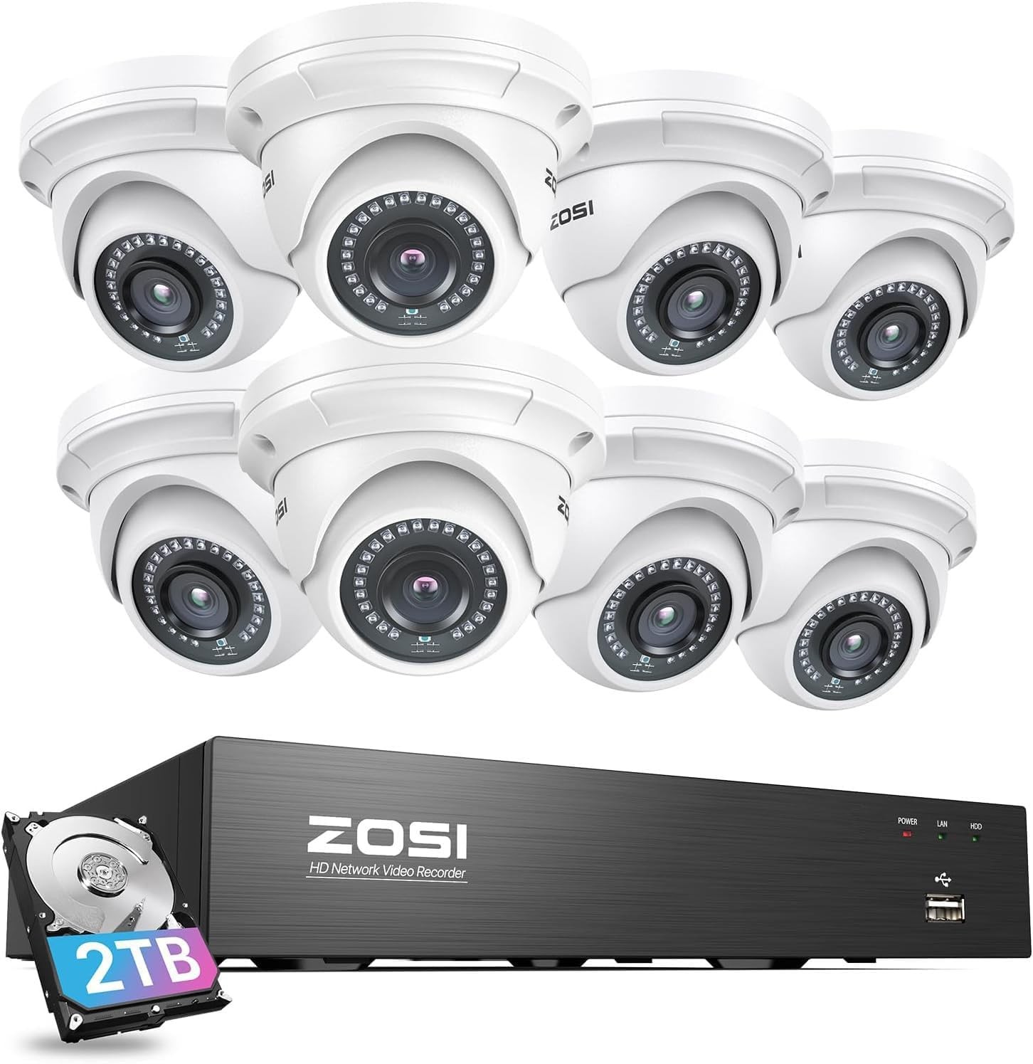 ZOSI 8CH 4K NVR 8pcs 3K 5MP PoE Security System with 2TB HDD Night Vision Detect