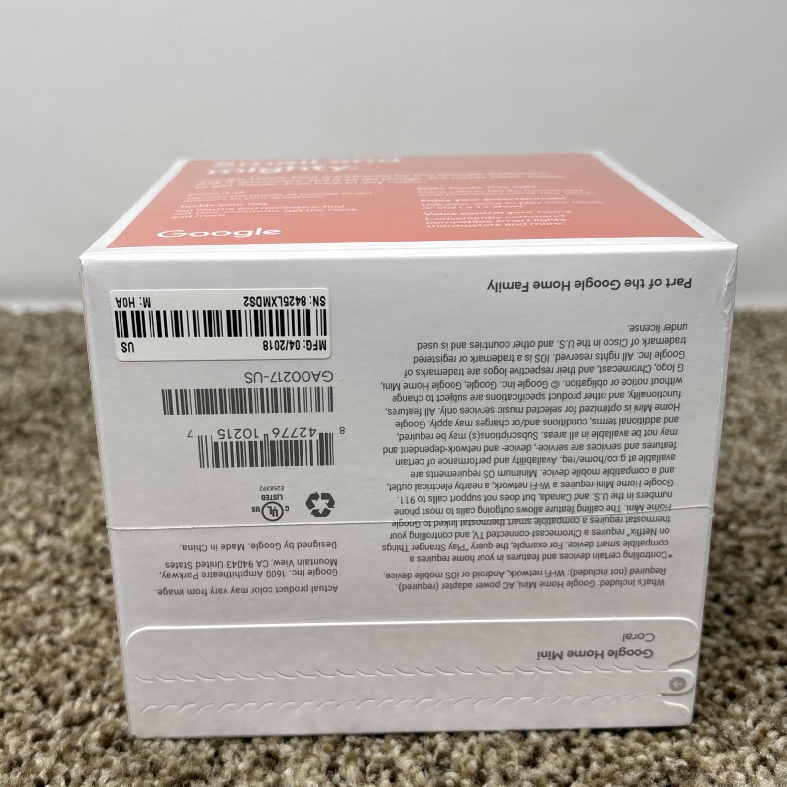 SEALED Google Home Mini Smart Speaker with Google Assistant Coral GA00217-US