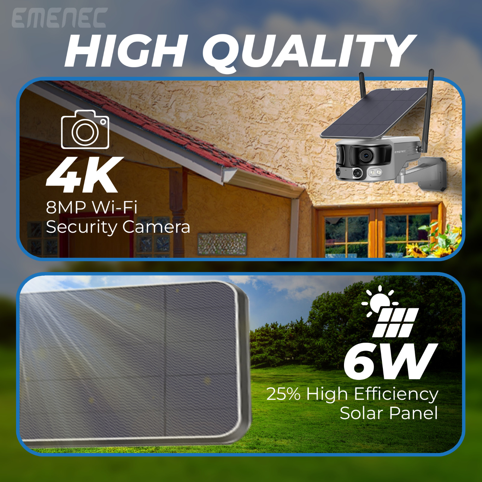 Solar Security Camera Outdoor WiFi Dual Lens 180° 4K IP65 – EMENEC ESK-180
