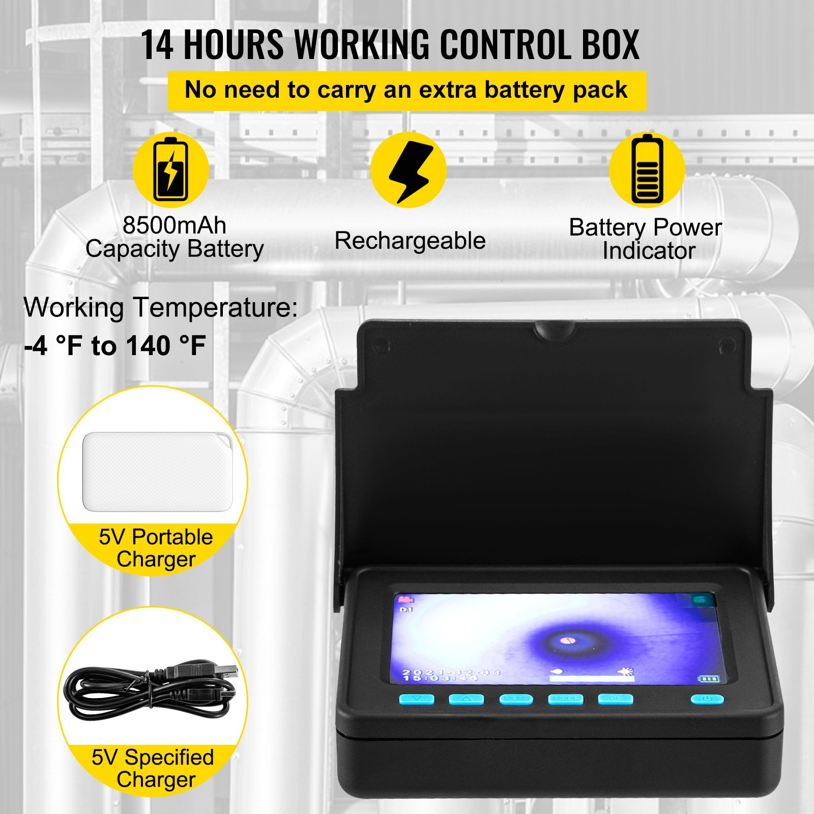 4.3″ HD Sewer Camera with 65.6ft Cable & 16GB SD Card