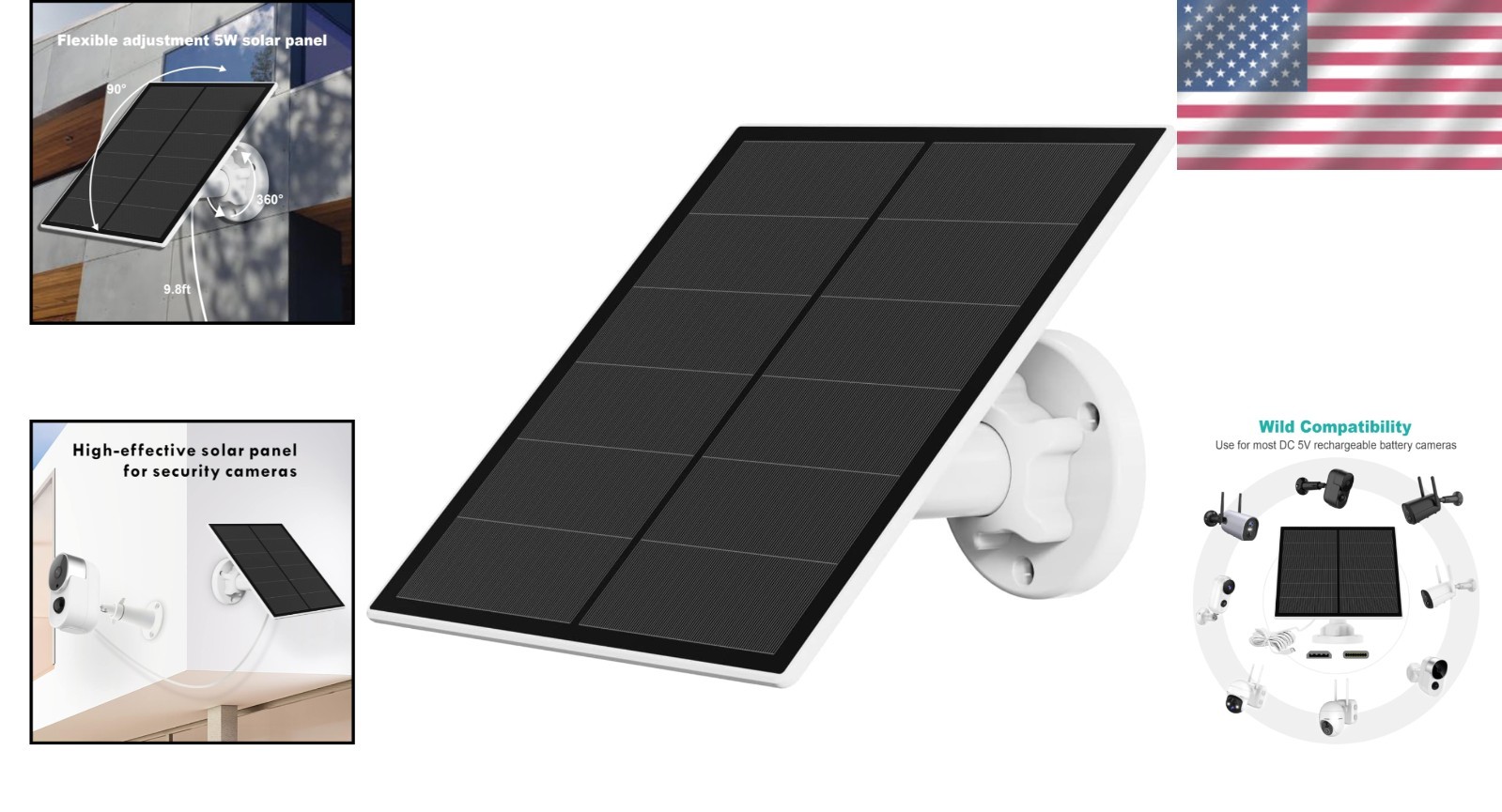 Waterproof Solar Panel 5W for Rechargeable Battery Cameras – USB Compatible