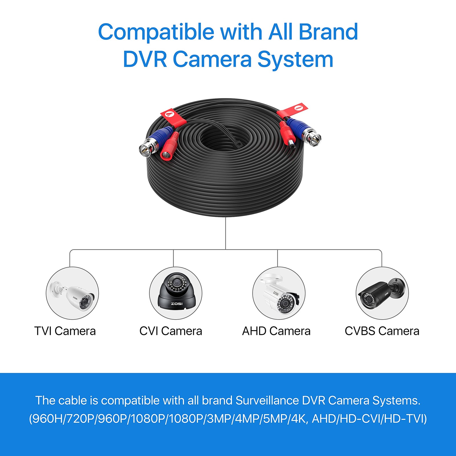4 Pack 100ft 30 Meters 2-in-1 Video Power Cable BNC Extension Surveillance