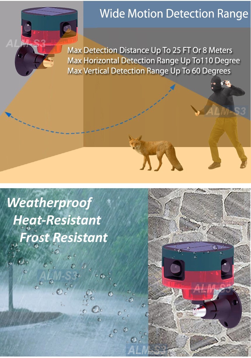 Solar-Powered Motion Activated Alarm Outdoor Indoor Weatherproof Voice Recording