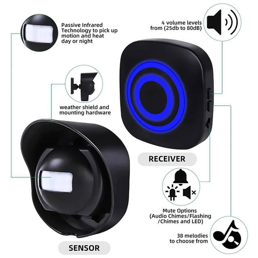 H2C8 Waterproof 656ft Wireless Driveway Alarm Motion Sensor Alarm Indoor Outdoor