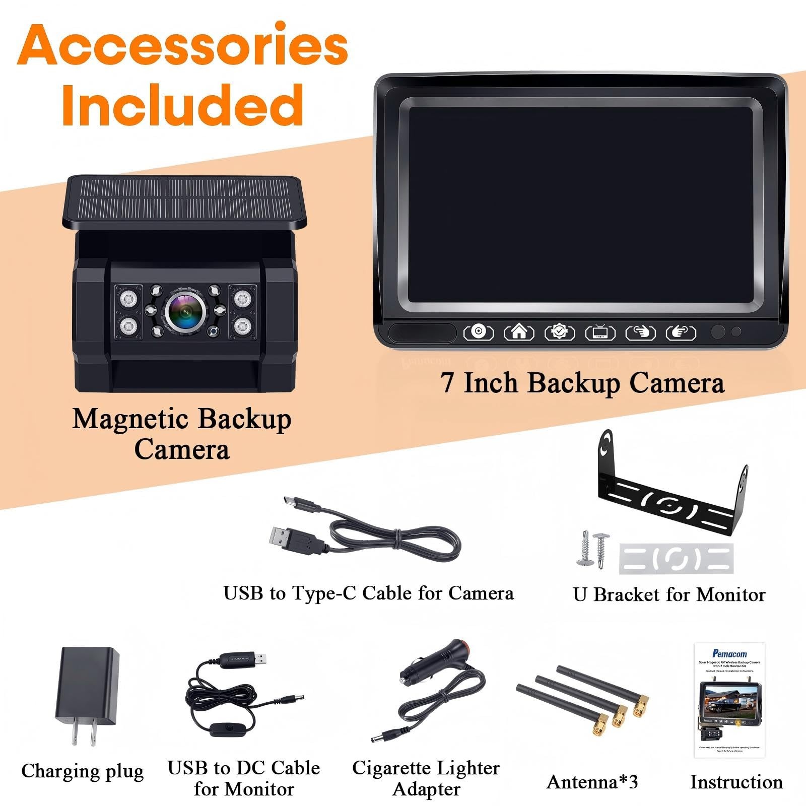 RV Backup Camera with Solar Magnetic: 7″ Monitor w/ Cam for Trailer, Black
