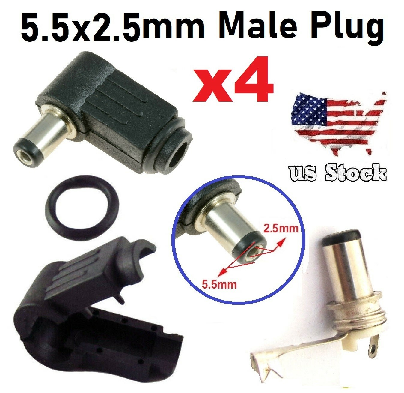 4 Pieces Right Angle 9* 5.5x 2.5mm DC Power Male Plug Soldering Connector
