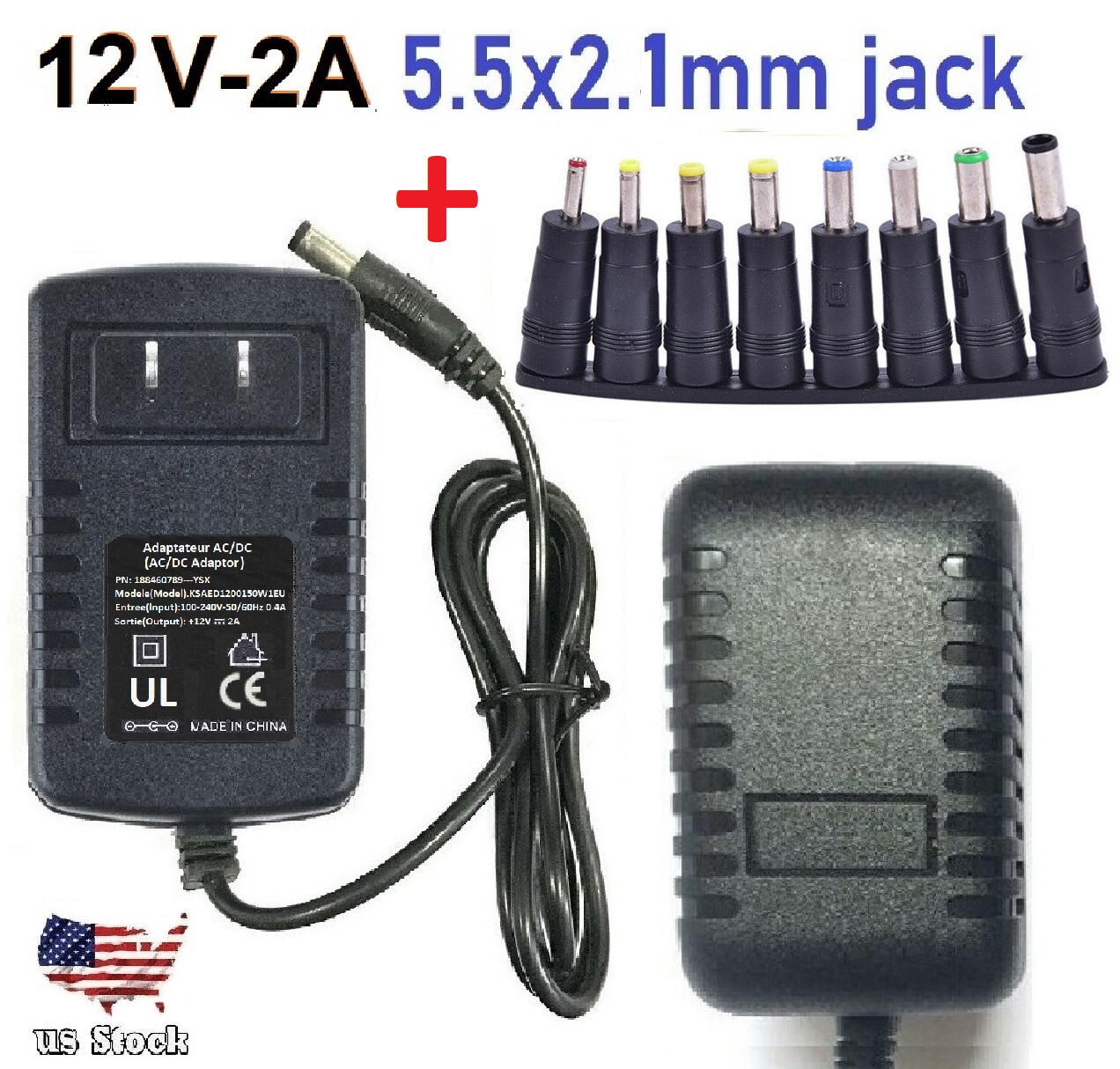 AC 100-240V to DC 12V 2A Power Supply Adapter Charger with 8 Sizes DC Plug Tips