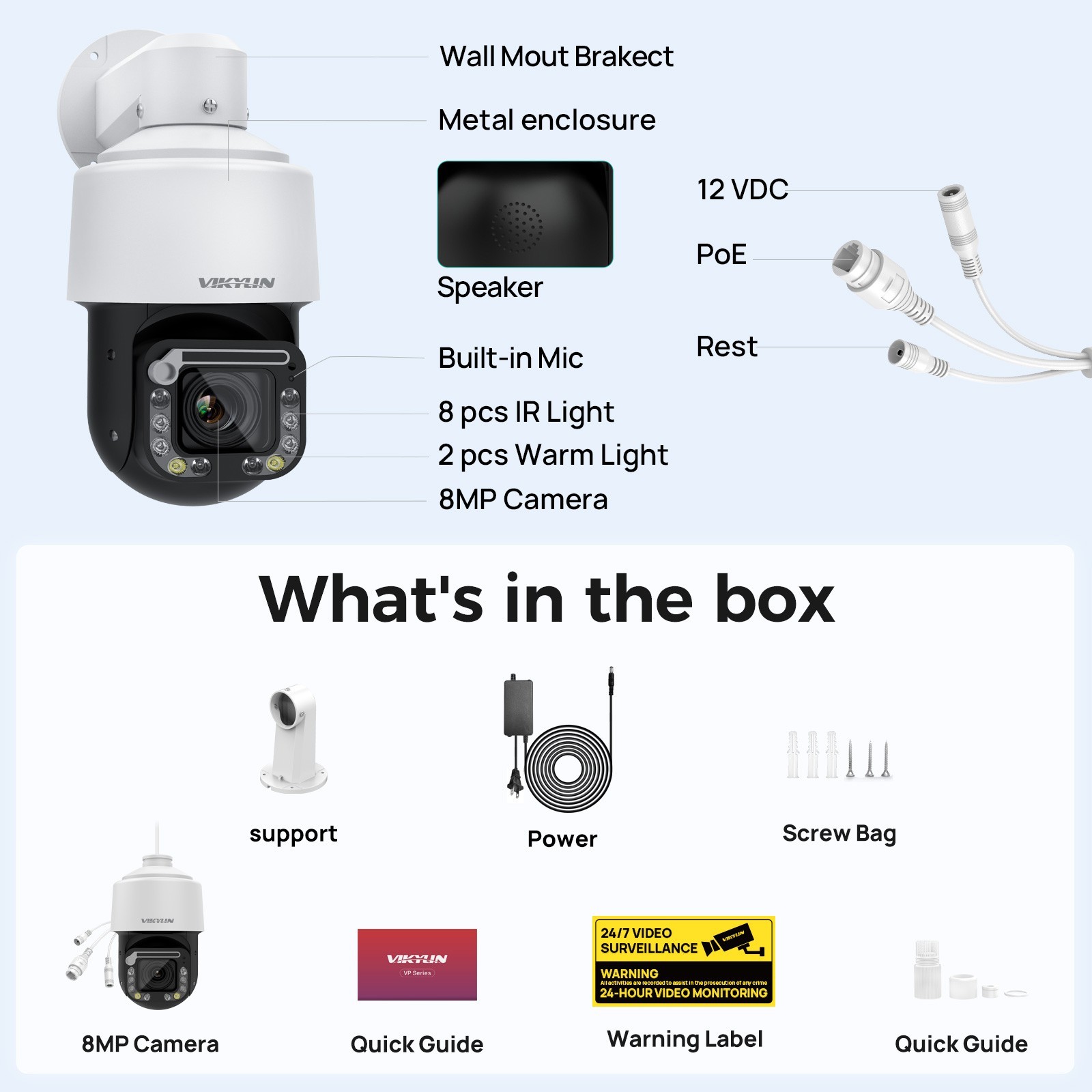 VIKYLIN 18X PTZ Camera Human Auto Tracking PoE Camera 8MP 2-Way Audio with Wiper