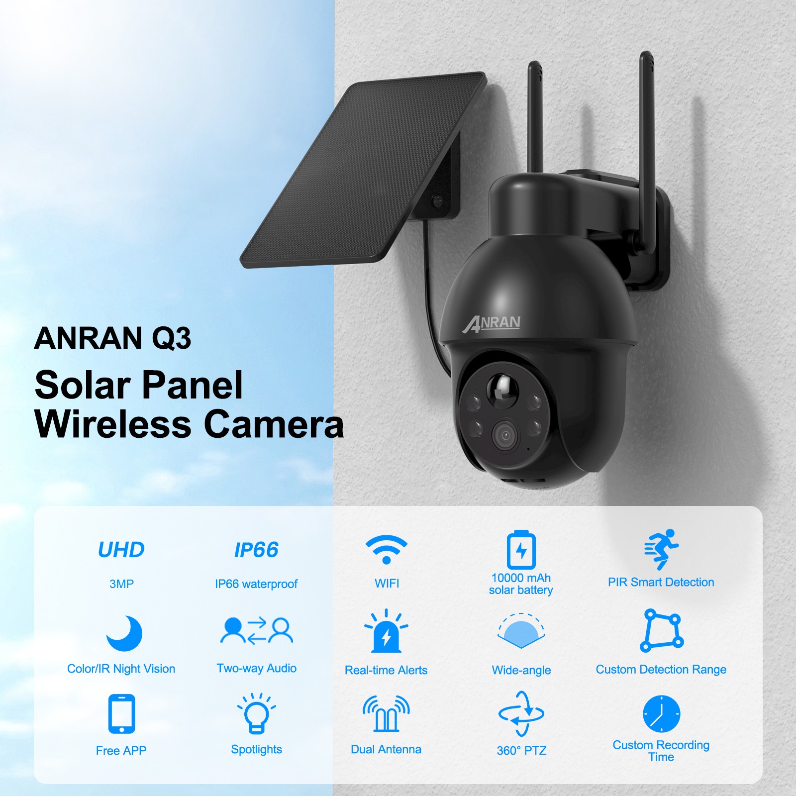 ANRAN Home Security Camera System Solar Panel 360°PTZ Wireless 3MP Outdoor Audio